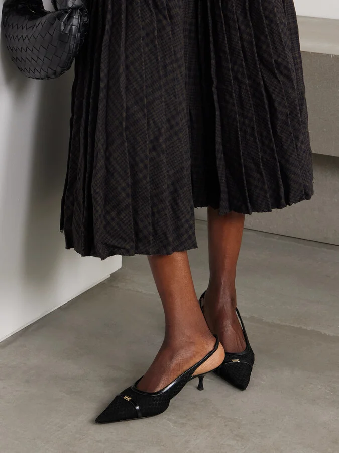 Victoria Beckham - Logo-embellished Leather-trimmed Point D'esprit Slingback Pumps - Black - Image 2