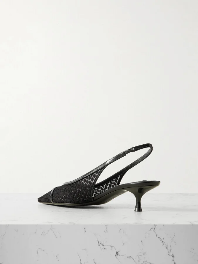 Victoria Beckham - Logo-embellished Leather-trimmed Point D'esprit Slingback Pumps - Black - Image 3