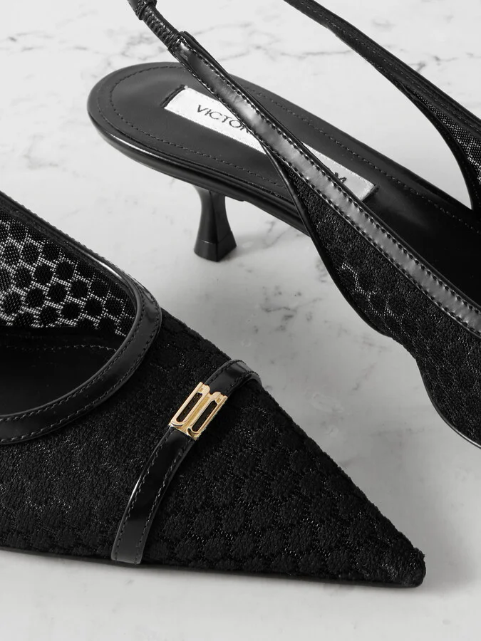Victoria Beckham - Logo-embellished Leather-trimmed Point D'esprit Slingback Pumps - Black - Image 4