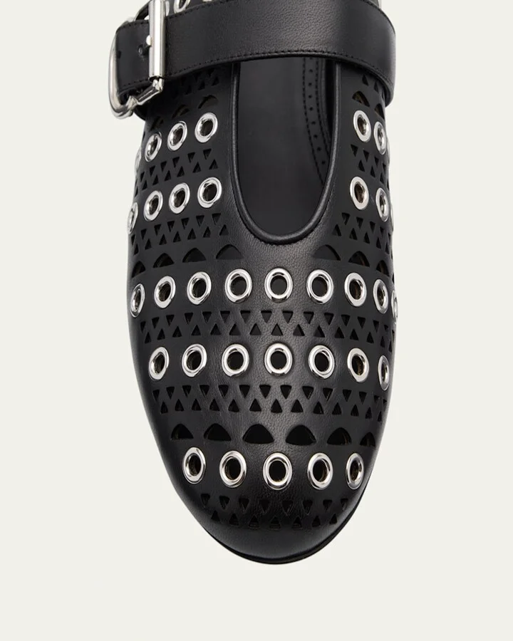 Vienne Buckle Eyelet & Laser-Cut Leather Ballet Flats - Image 3