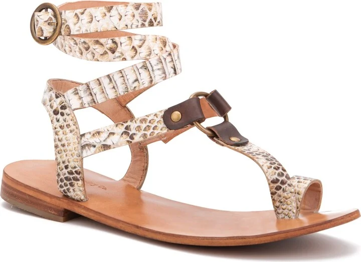 Vina Snake Embossed Leather Ankle Strap Flat Sandal