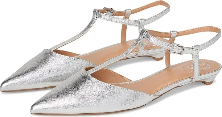 Vince Camuto Varena T-Strap Kitten Heel Pumps Women's Shoes Lux Silver : 6 M, Leather