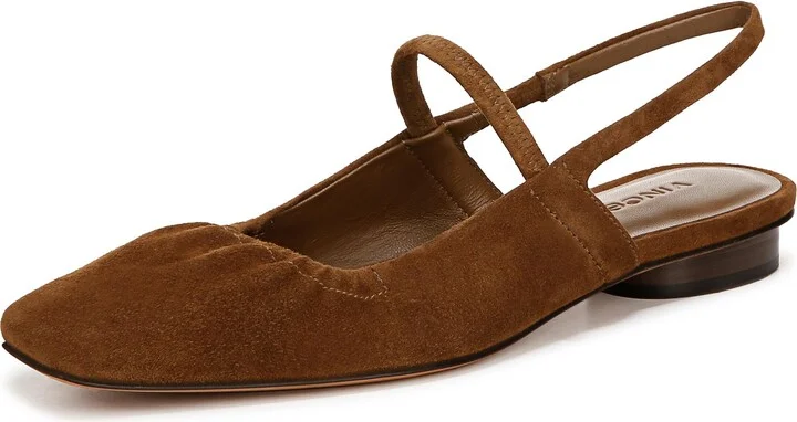 Vince Women's Venice Square Toe Slingback Flat Elm Wood Brown Suede 5.5 M