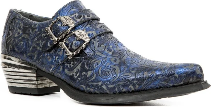 Vintage Blue Floral Leather Buckle Shoes-7960-S7