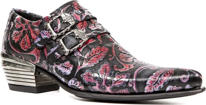 Vintage Red Floral Leather Buckle Shoes-7960-S6