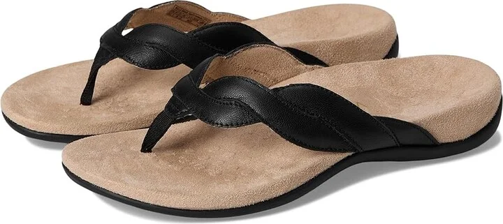 VIONIC Bella Braid Thong Sandals Women's Wedge Shoes Black Leather : 8 W