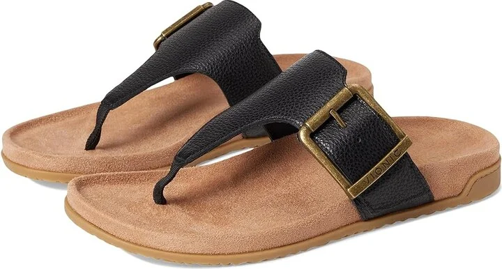 VIONIC Emma Thong Sandals Women's Wedge Shoes Black Leather : 6.5 M