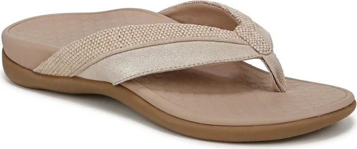 Vionic Womens Shore Thong Sandals - Beige gold leather / canvas