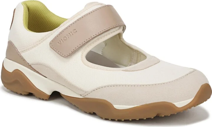 Vionic Womens Walk Slim Giselle Walking Shoes - Ivory/ gold leather suede