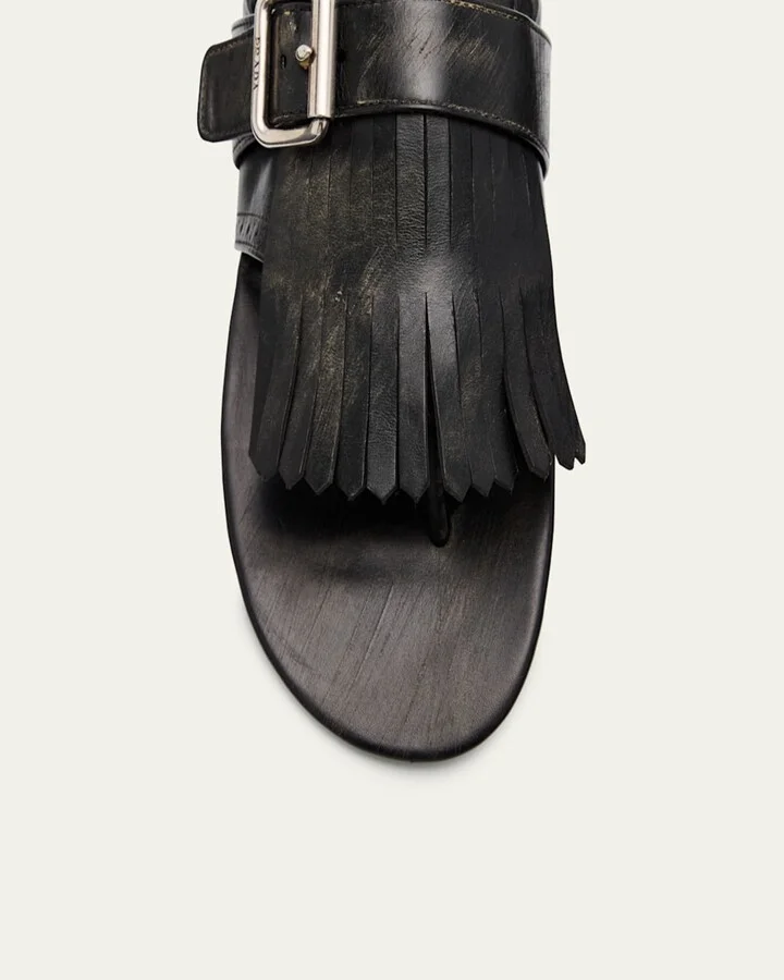 Vitello Leather Fringe Buckled Thong Sandals - Image 3