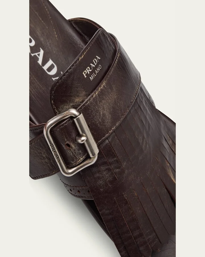 Vitello Leather Fringe Buckled Thong Sandals - Image 7