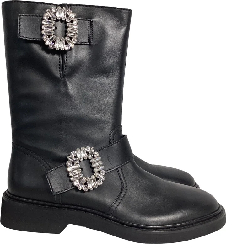 Viv' Strass Mid-Calf Boots in Black Calf Leather