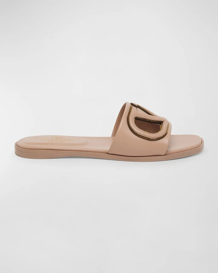 VLogo Leather Cutout Flat Slide Sandals