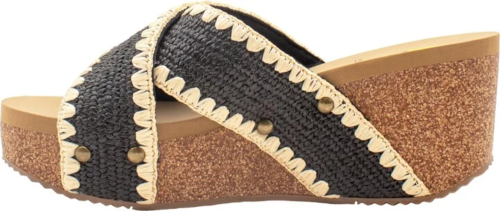 VOLATILE Womens Antigua Raffia Studded Slide Casual Sandals Casual Mid Heel 2-3" - Black - Size 8 M