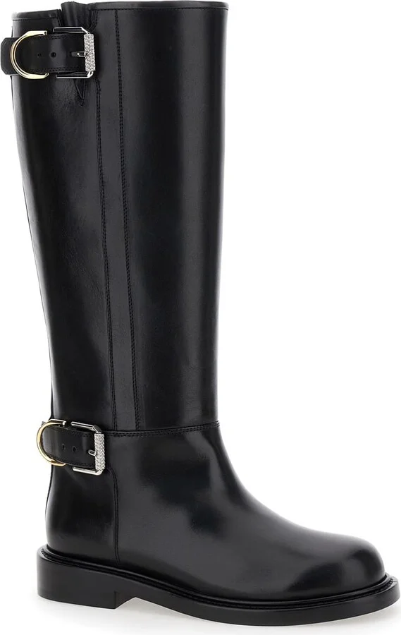 'voyou' Black Flat Boots With Oversized Buckle In Leather Woman - Image 2
