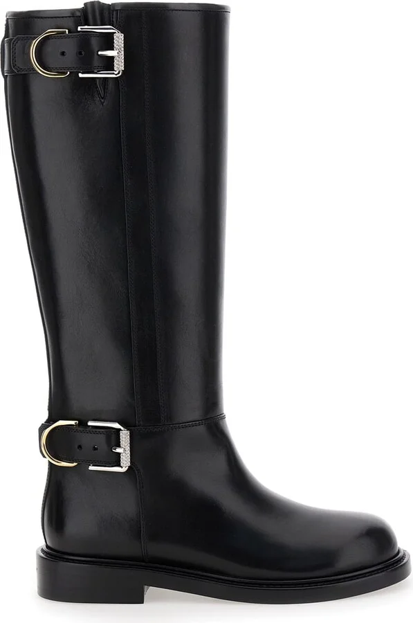 'voyou' Black Flat Boots With Oversized Buckle In Leather Woman