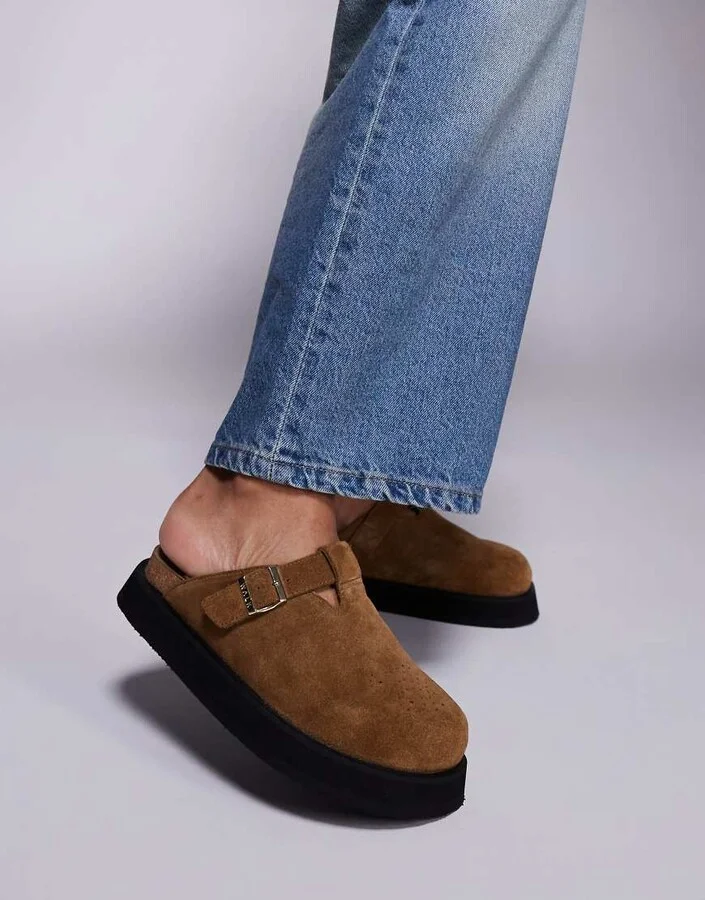 Walk London Barca buckle clog in tan suede - Image 2