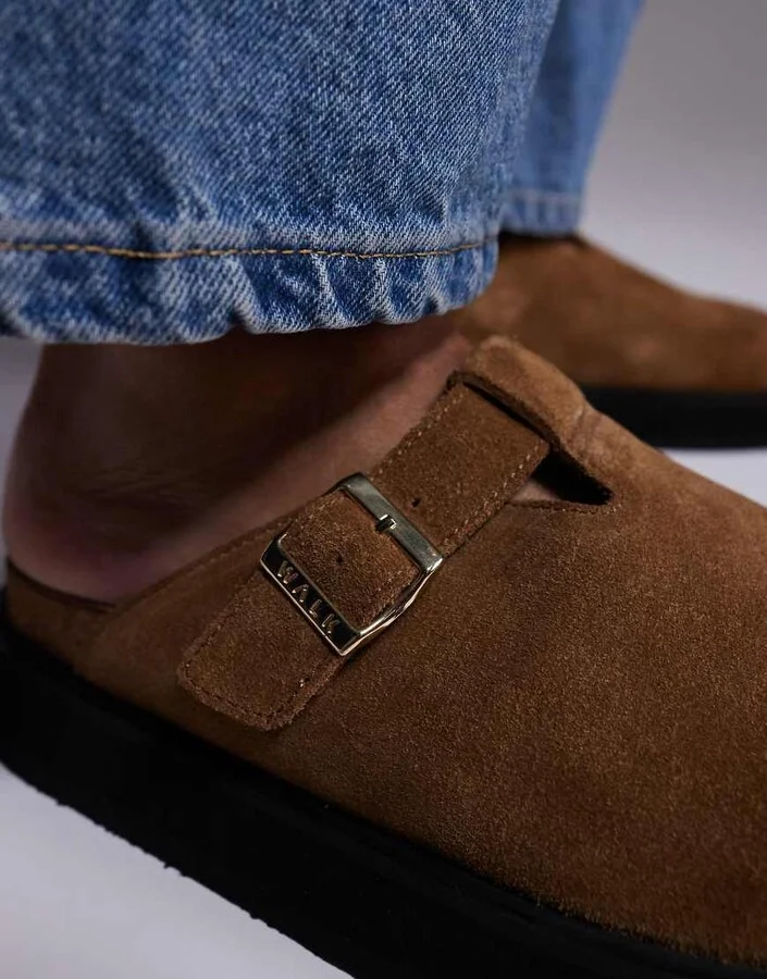 Walk London Barca buckle clog in tan suede - Image 4