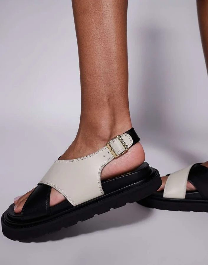 Walk London Budapest contrast strap leather sandals in black & ecru - Image 2
