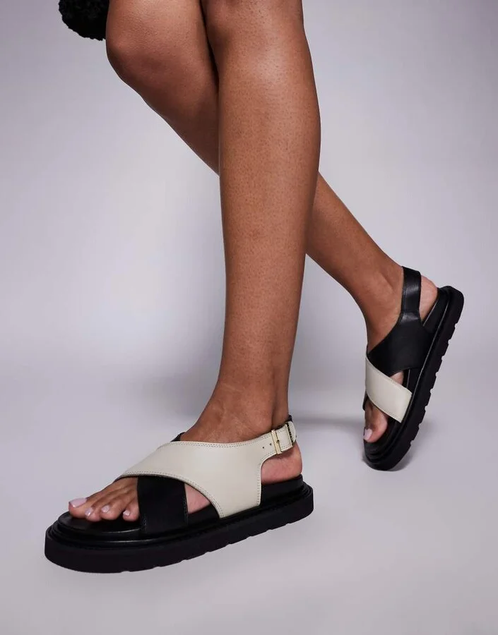 Walk London Budapest contrast strap leather sandals in black & ecru