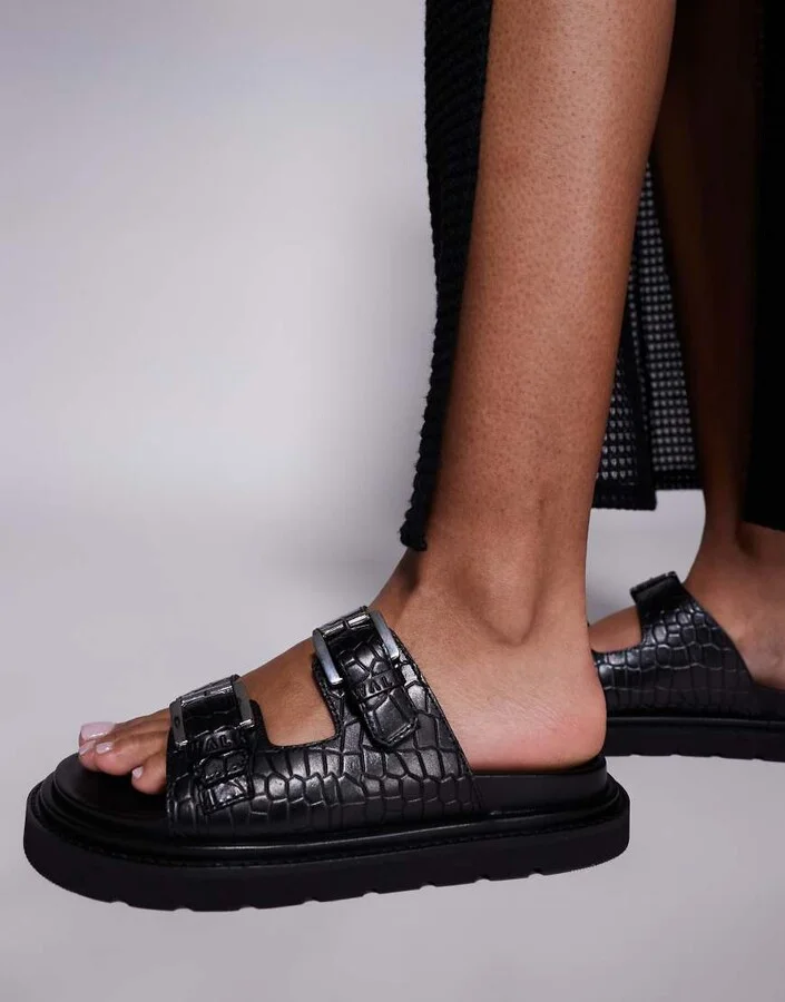 Walk London Budapest double strap sandals in black embossed leather - Image 2