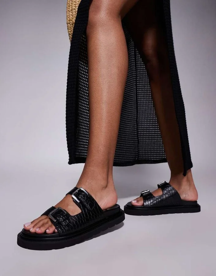 Walk London Budapest double strap sandals in black embossed leather - Image 4