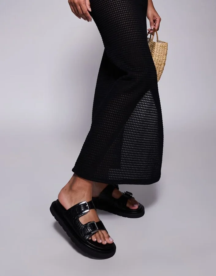 Walk London Budapest double strap sandals in black embossed leather
