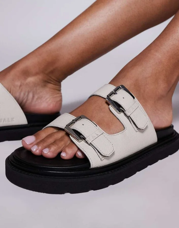 Walk London Budapest double strap sandals in off-white grain leather - Image 4