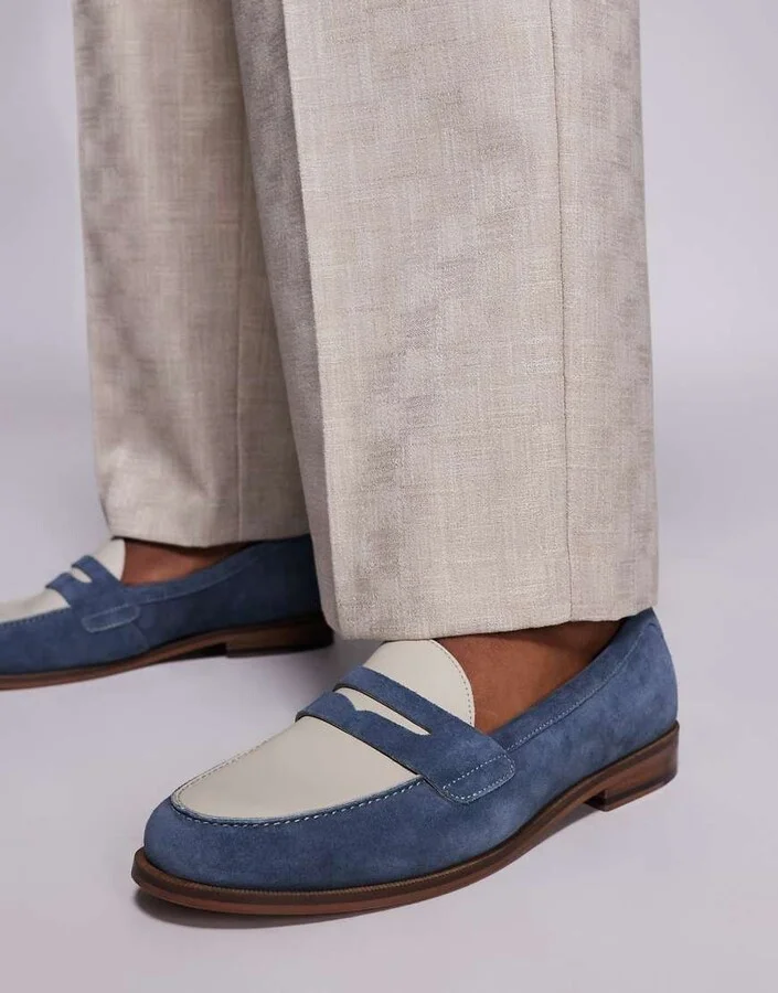Walk London Torbole contrast saddle loafers in blue suede - Image 4