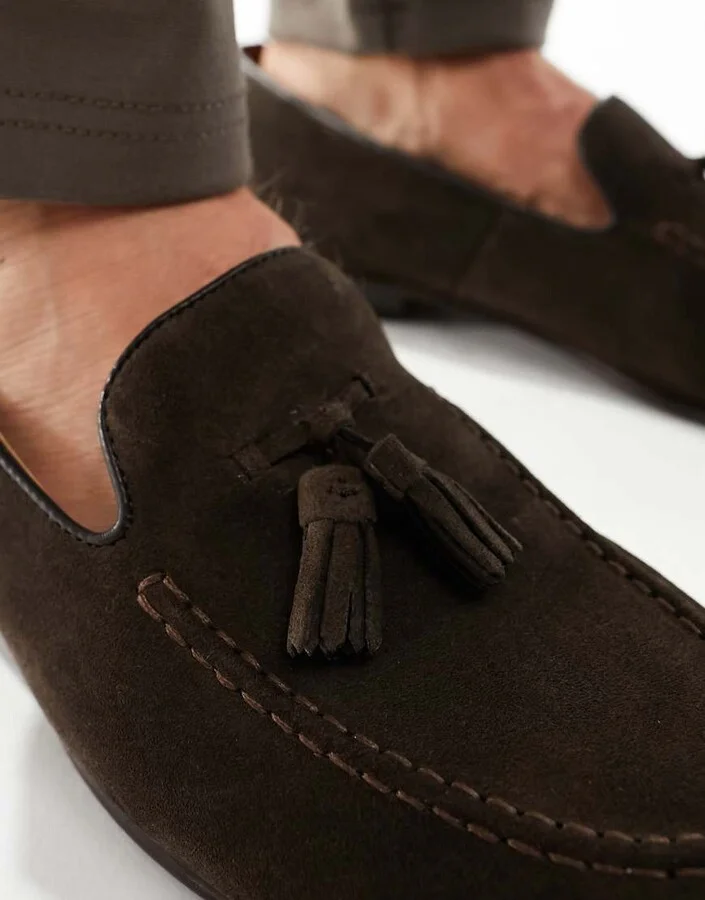 Walk London Trent Tassel Loafers In Brown Suede - Image 3