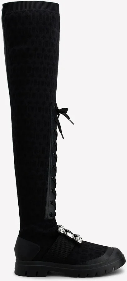Walky Viv' Strass Buckle Knee-High Boots in Fabric and Leather
