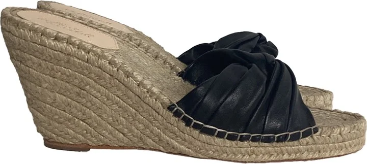 Wedge Espadrille Sandals in Black Leather