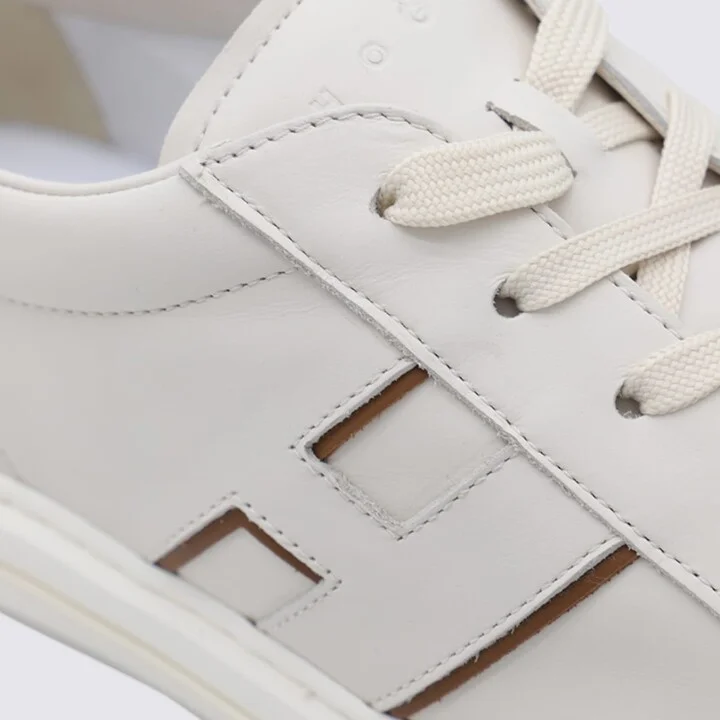 White And Beige Leather Sneakers - Image 4