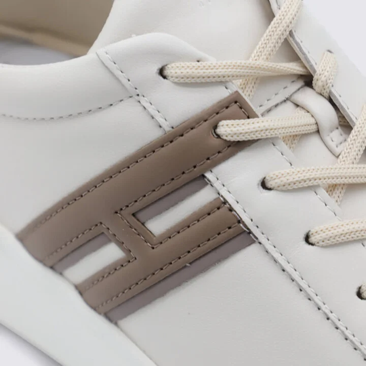 White And Beige Leather Sneakers - Image 4