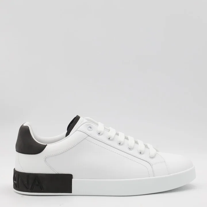 White And Black Leather Portofino Low Top Sneakers
