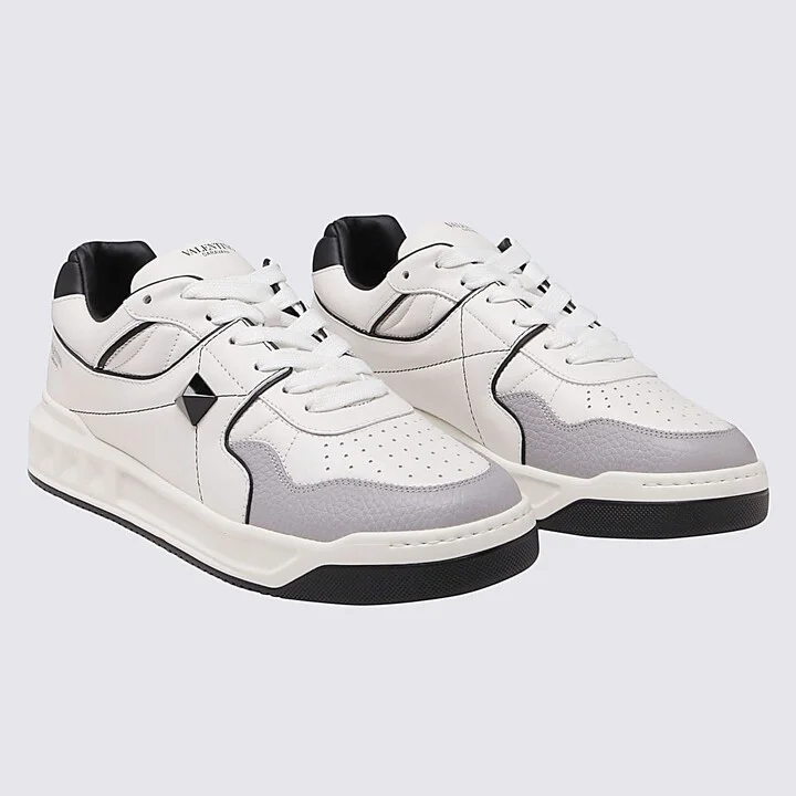 White And Grey Leather Low Top One Stud Sneakers - Image 2
