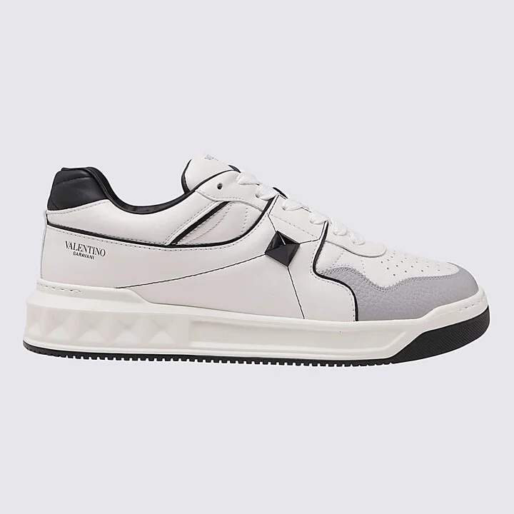 White And Grey Leather Low Top One Stud Sneakers