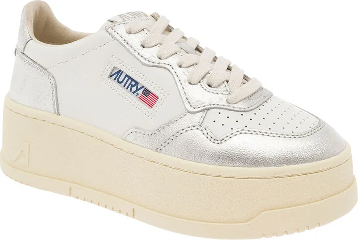 White And Silver Low Top Platform Sneakers With Logo In Leather Woman - Image 2