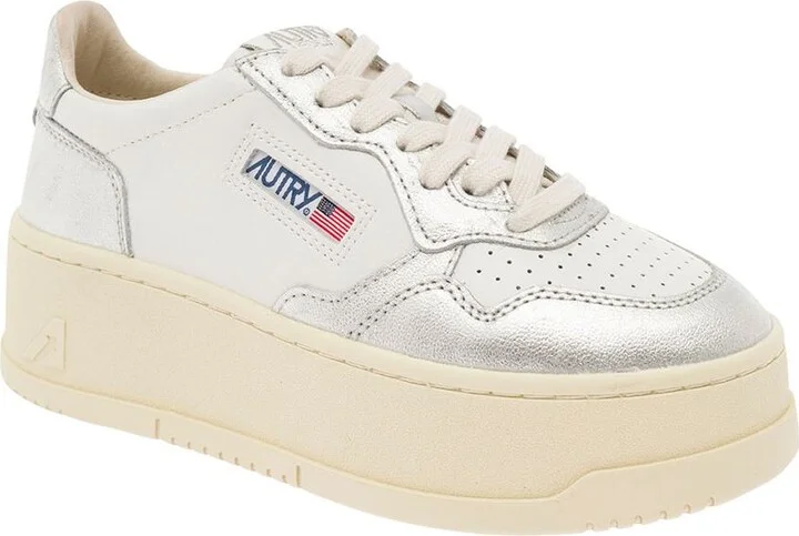 White And Silver Low Top Platform Sneakers With Logo In Leather Woman - Image 2