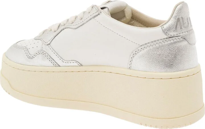 White And Silver Low Top Platform Sneakers With Logo In Leather Woman - Image 3