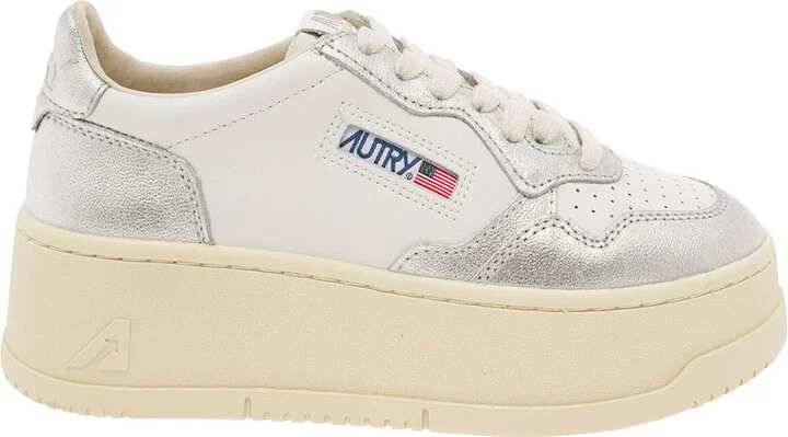 White And Silver Low Top Platform Sneakers With Logo In Leather Woman