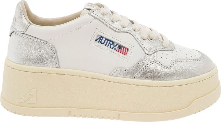 White And Silver Low Top Platform Sneakers With Logo In Leather Woman