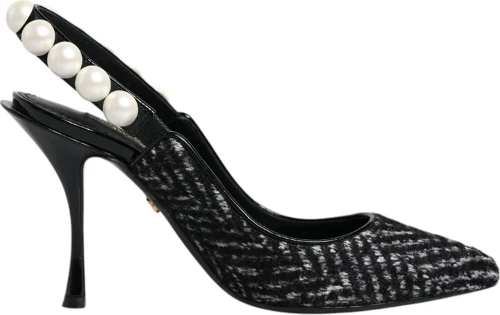 White Black Chevron Faux Pearl Slingback Women's Shoes (Pre-Owned)