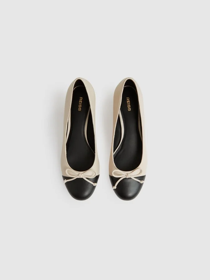 White/black Leather Block Heel Ballerina Shoes - Image 3