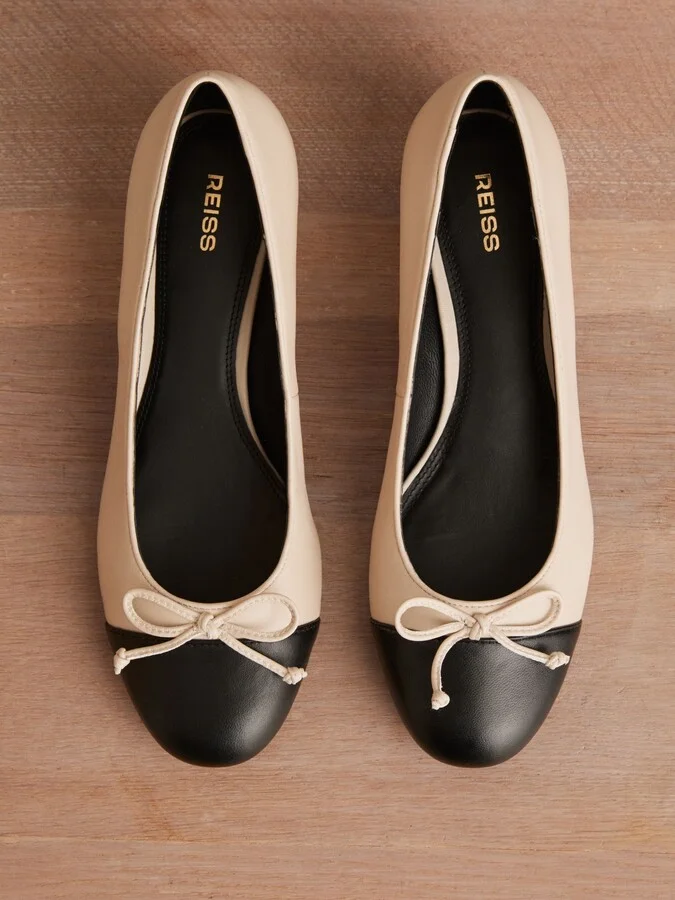 White/black Leather Block Heel Ballerina Shoes - Image 5