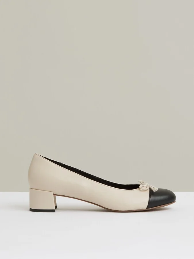 White/black Leather Block Heel Ballerina Shoes