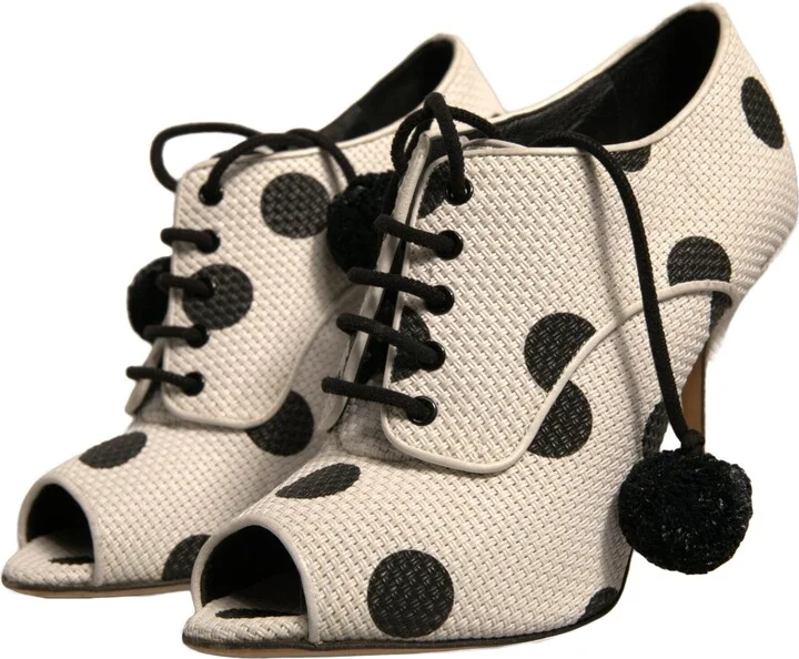 White Black Polka Dot Peep Toe Ankle Boots Women's Shoes (Pre-Owned) - Image 3