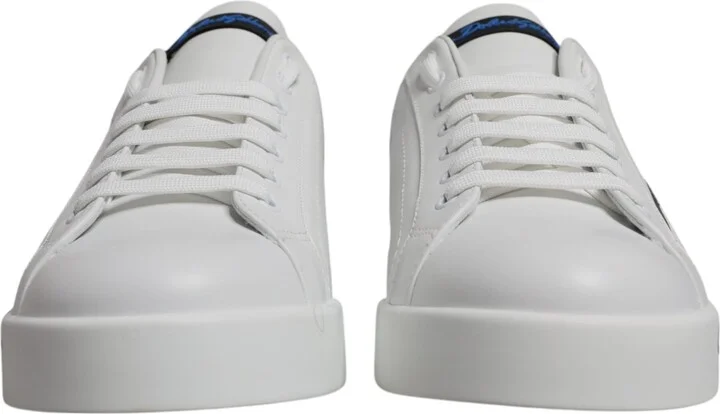 White Blue Leather Logo Low Top Sneakers Men's Shoes - Image 2