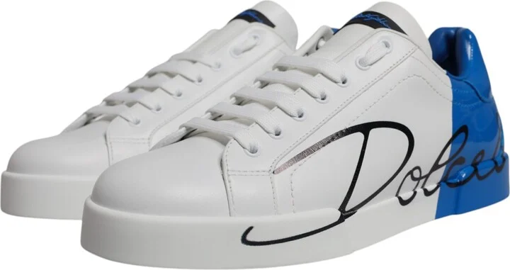 White Blue Leather Logo Low Top Sneakers Men's Shoes - Image 3
