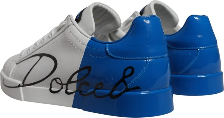 White Blue Leather Logo Low Top Sneakers Men's Shoes - Image 4